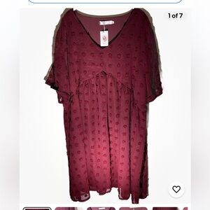 HBEYYTO Maroon Dress With‎ Raised Flowers Short Sleeved V-neck,4XL, Below Knee